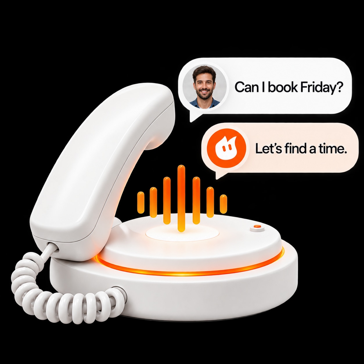 A white telephone and a conversation helping a caller book a time.