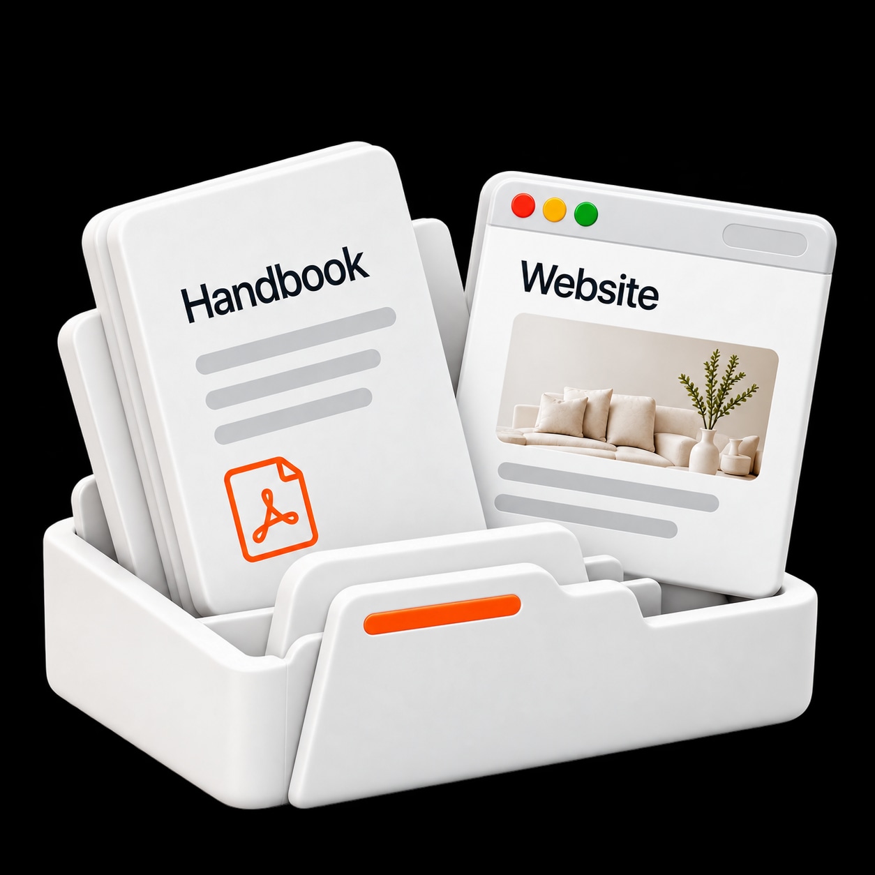 A white knowledge organizer holding a business handbook and a website source.