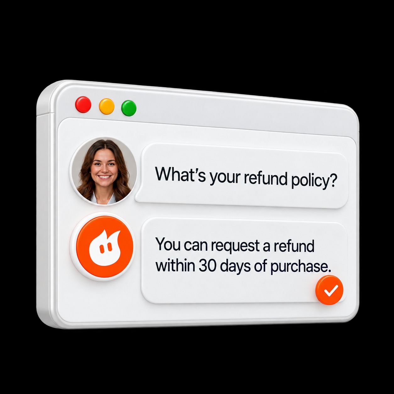 A test conversation answering a refund question, with an approval check.