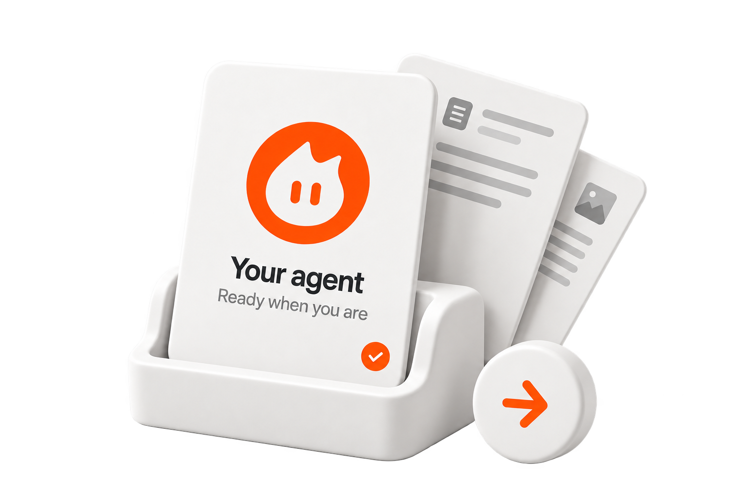 Your agent, ready when you are: a white identity card and business sources in a desk holder