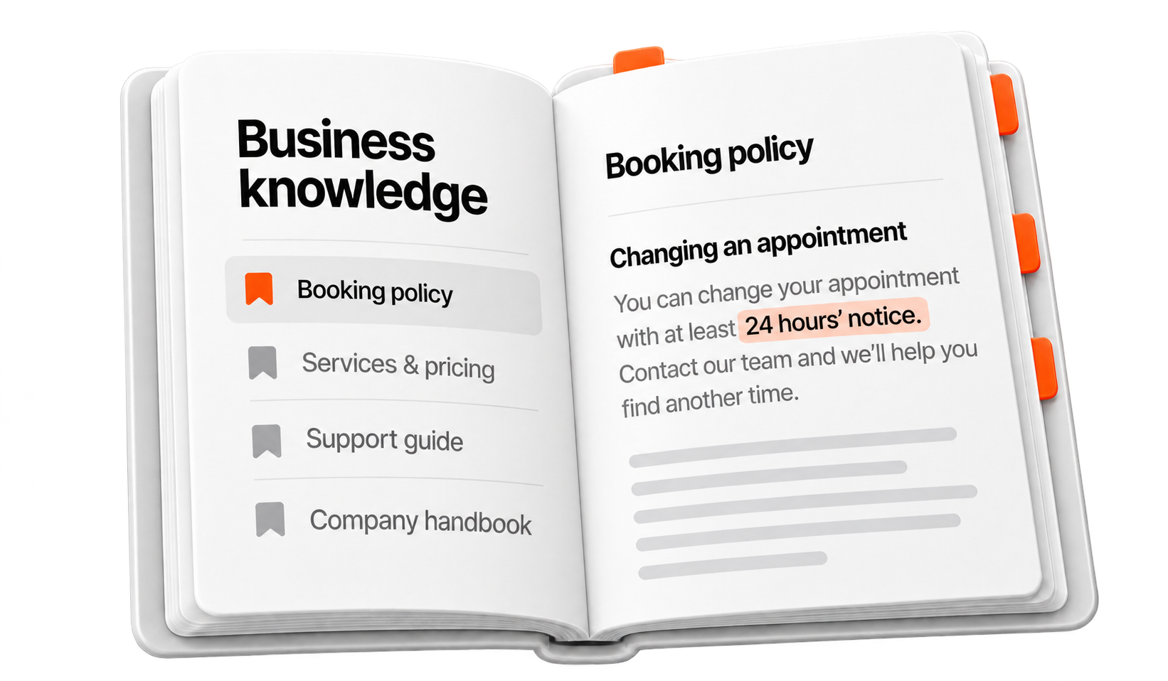 An open business knowledge book containing Booking policy, Services and pricing, Support guide, and Company handbook. The booking policy says appointments can be changed with at least 24 hours’ notice.