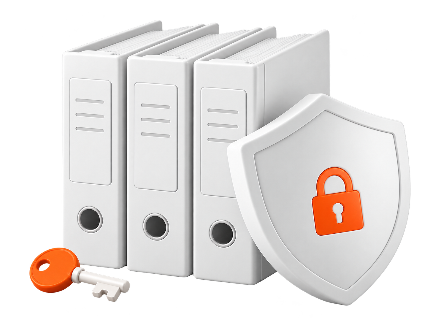 White business documents protected by a shield with an orange lock and key